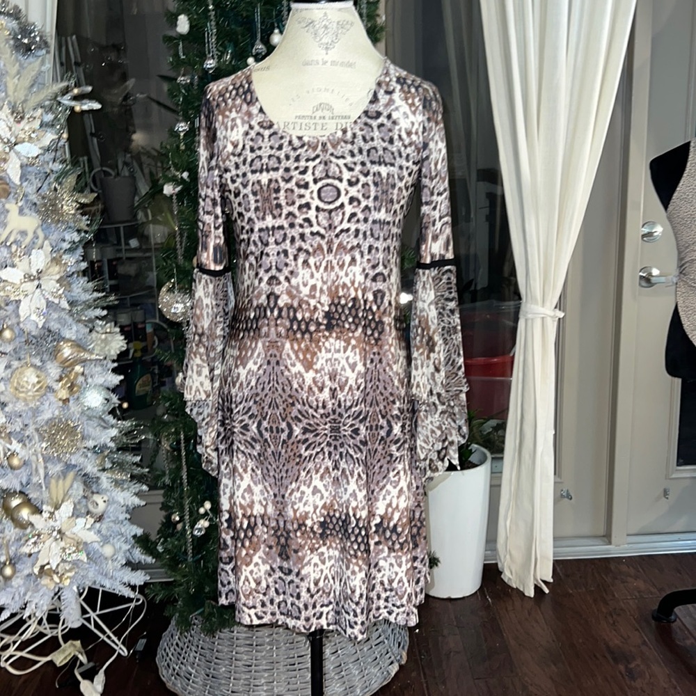 MSK tan ivory black & brown women’s dress flowy sleeves Small​​